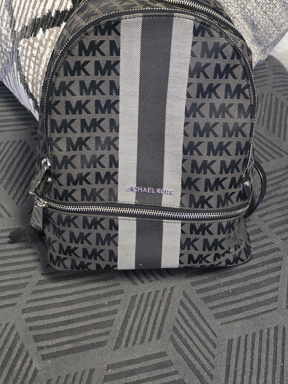 Michael Kors Men’s Black MK Logo Backpack with Gray Stripe